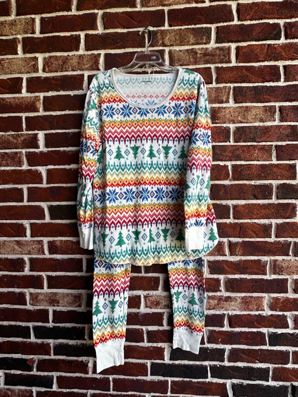 Old Navy Multicolor Fair Isle Pajama Set - Green, Red, Blue, Yellow, Cream